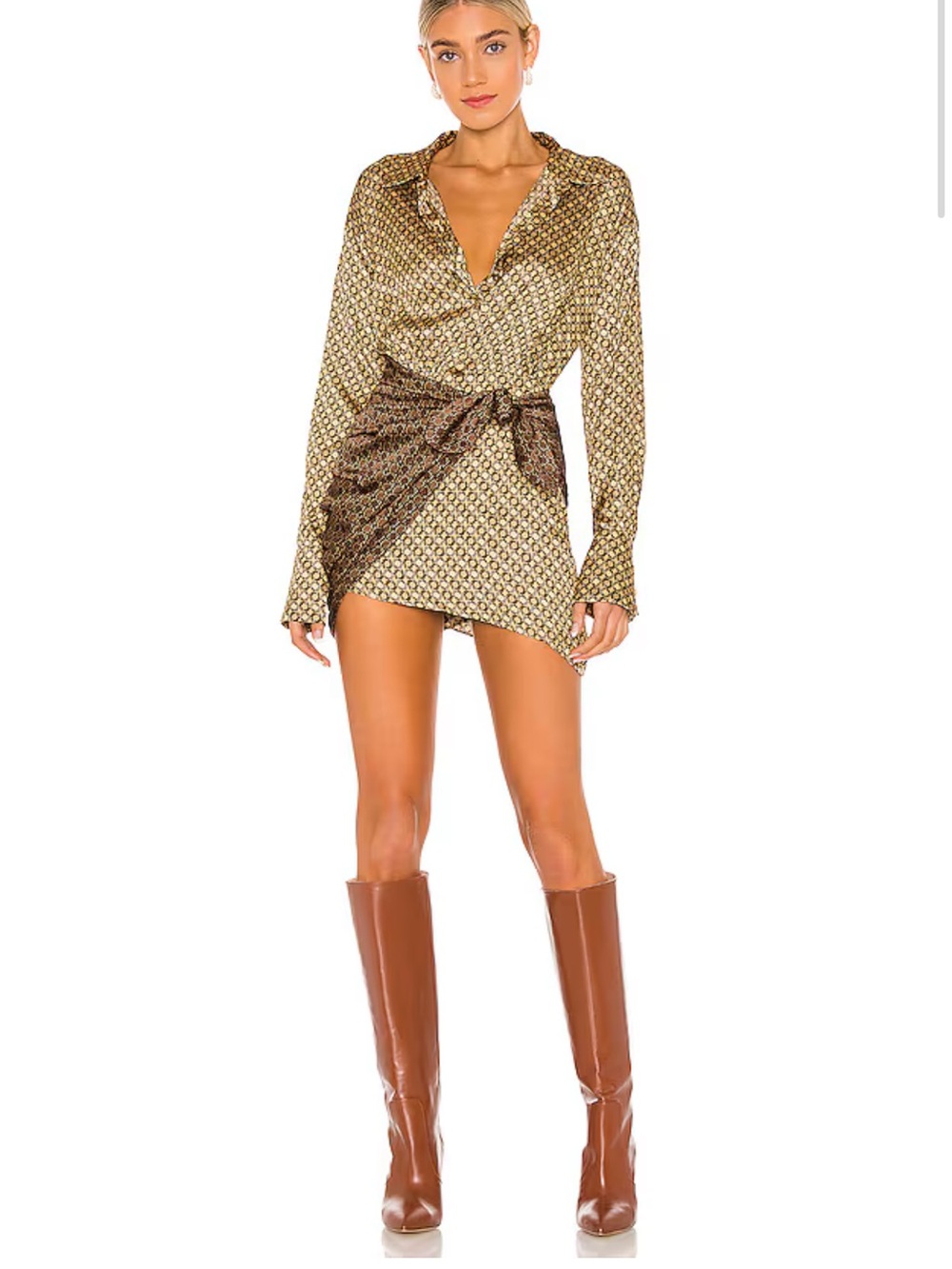 Printed Wrap Mini Dress in Gold and Brown